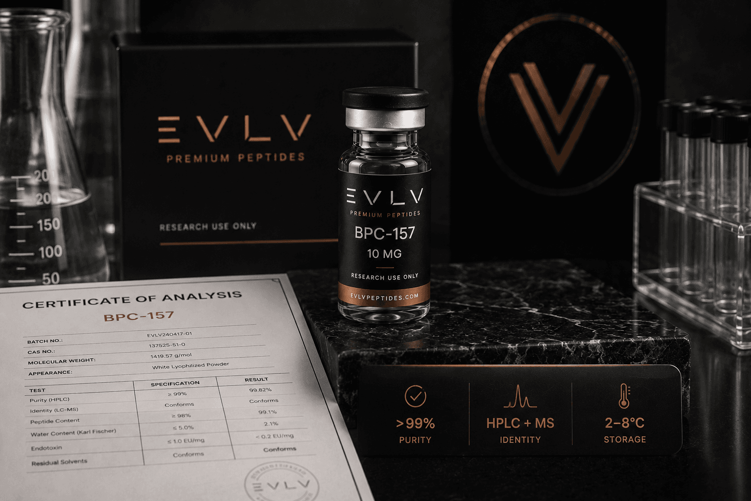 EVLV BPC-157 vial with its certificate of analysis